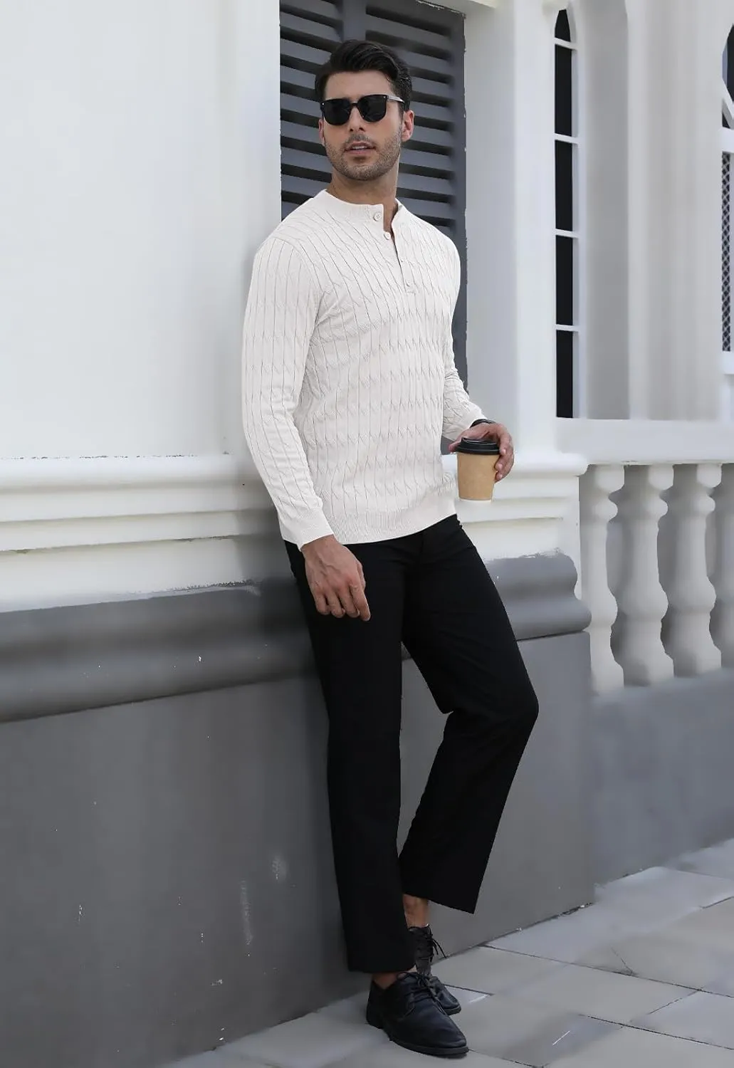 MLANM Men's Henley Knit Sweaters Long Sleeve Pullover Sweater Casual Fashion Thermal Sweaters