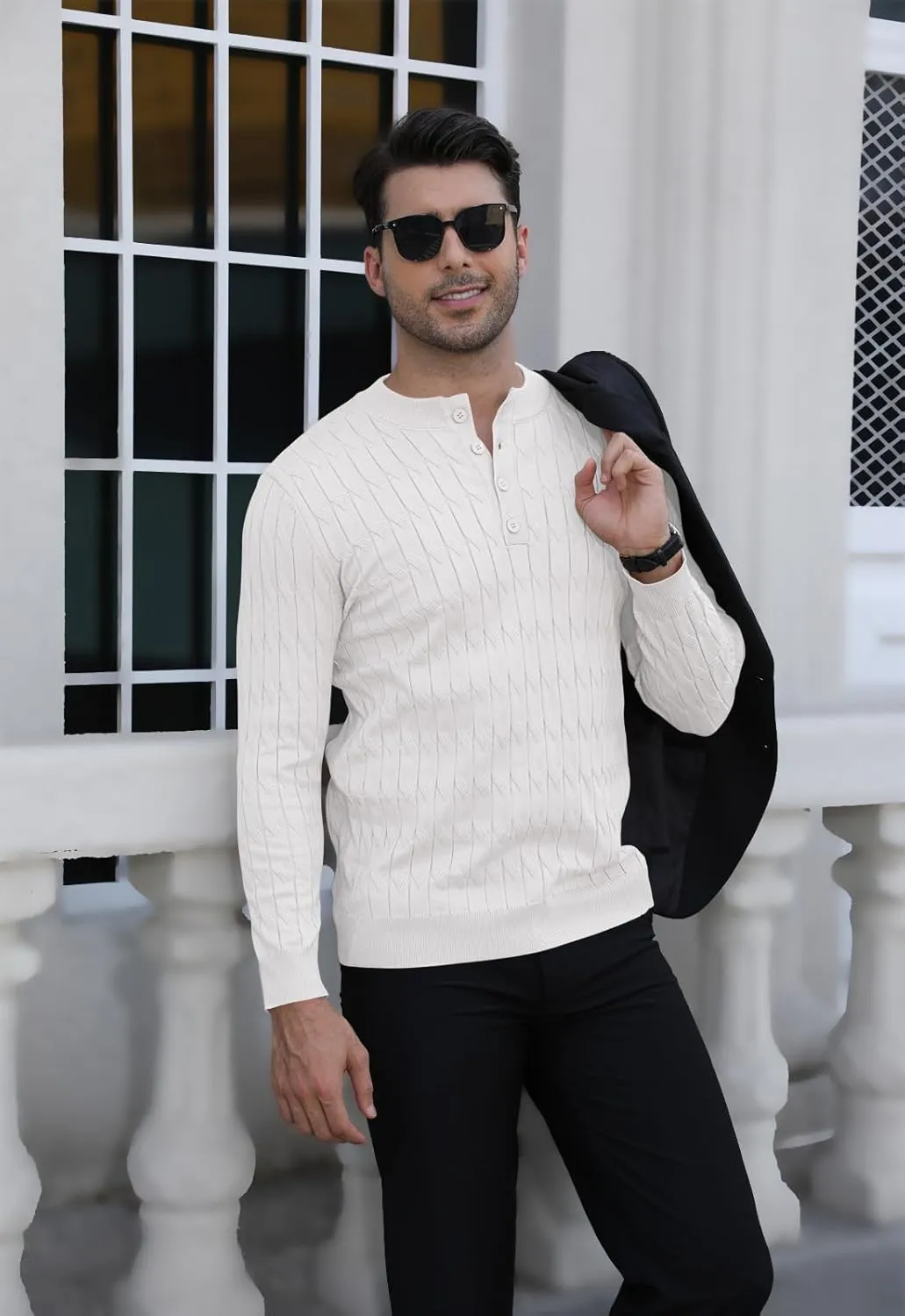 MLANM Men's Henley Knit Sweaters Long Sleeve Pullover Sweater Casual Fashion Thermal Sweaters