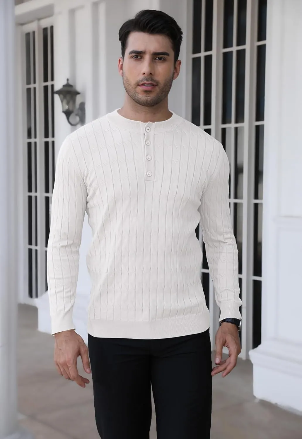 MLANM Men's Henley Knit Sweaters Long Sleeve Pullover Sweater Casual Fashion Thermal Sweaters