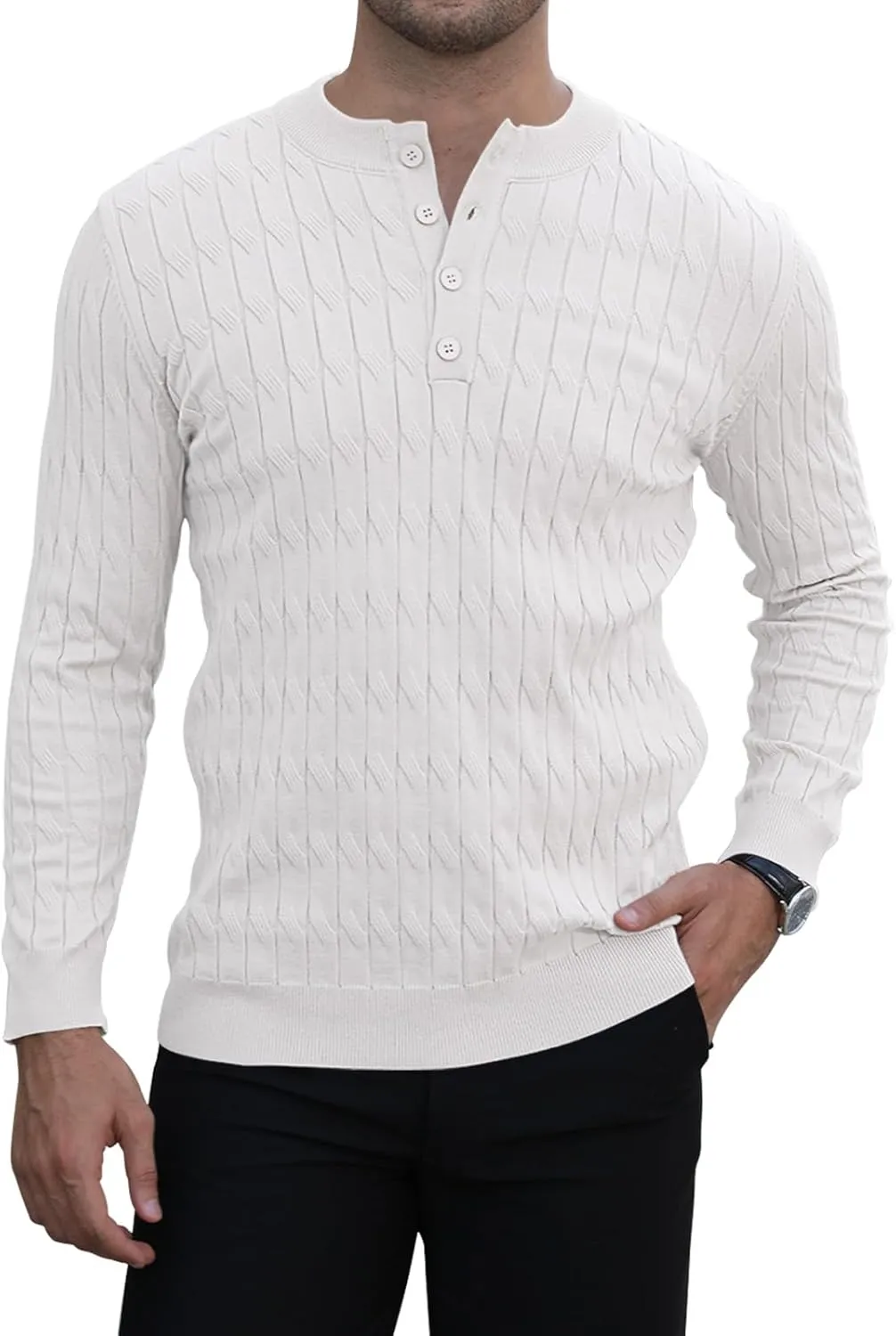 MLANM Men's Henley Knit Sweaters Long Sleeve Pullover Sweater Casual Fashion Thermal Sweaters