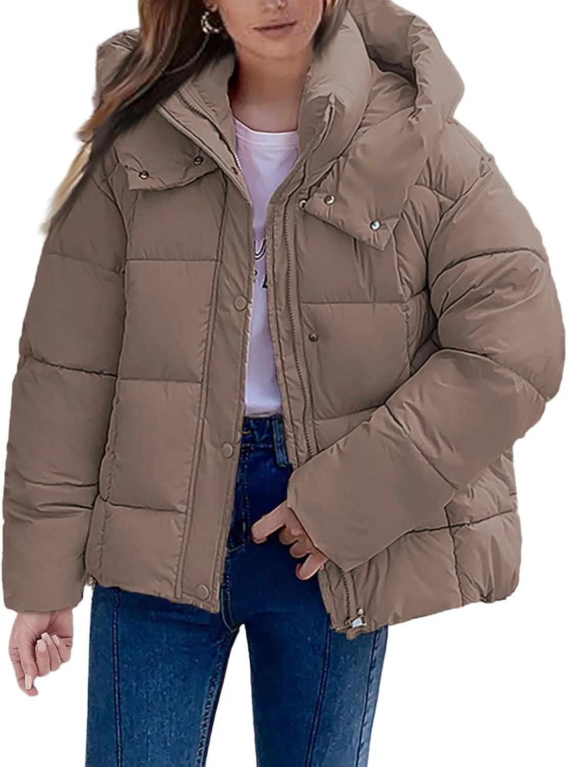 Mmoneyake Womens Hooded Quilted Puffer Jacket Full Zip Baggy Short Down Coats Padded Warm Winter Heavyweight Coat Outerwear