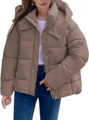 Mmoneyake Womens Hooded Quilted Puffer Jacket Full Zip Baggy Short Down Coats Padded Warm Winter Heavyweight Coat Outerwear