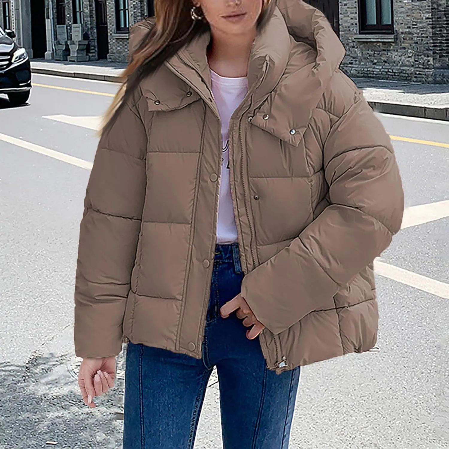 Mmoneyake Womens Hooded Quilted Puffer Jacket Full Zip Baggy Short Down Coats Padded Warm Winter Heavyweight Coat Outerwear