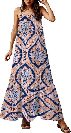 Modest Dresses for Women Sundresses Scoop Neck Smocked Ruffle Hem Flowy Boho Midi Dress Casual, S-2Xl