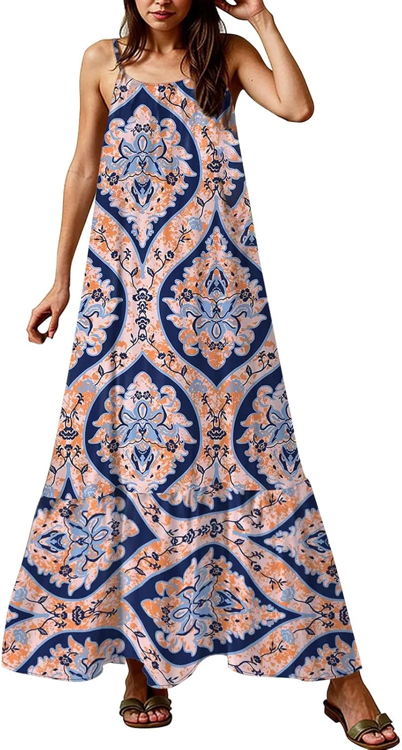 Modest Dresses for Women Sundresses Scoop Neck Smocked Ruffle Hem Flowy Boho Midi Dress Casual, S-2Xl