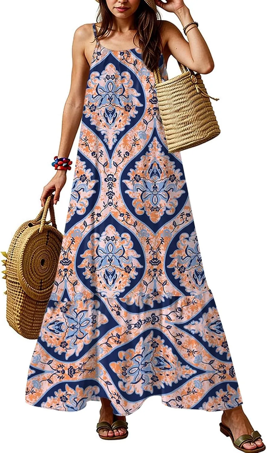 Modest Dresses for Women Sundresses Scoop Neck Smocked Ruffle Hem Flowy Boho Midi Dress Casual, S-2Xl