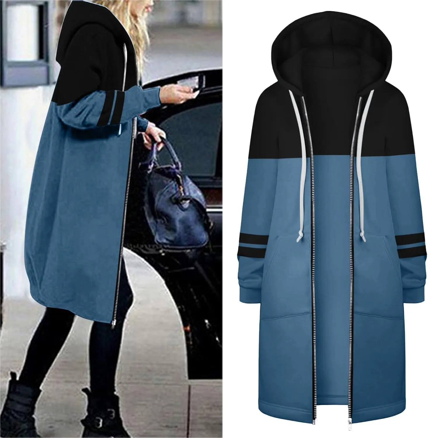 Muyise Women's Casual 2023 Zip Up Hoodies Long Tunic Sweatshirt Lightweight Winter Warm Drawstring Hooded Jacket with Pockets
