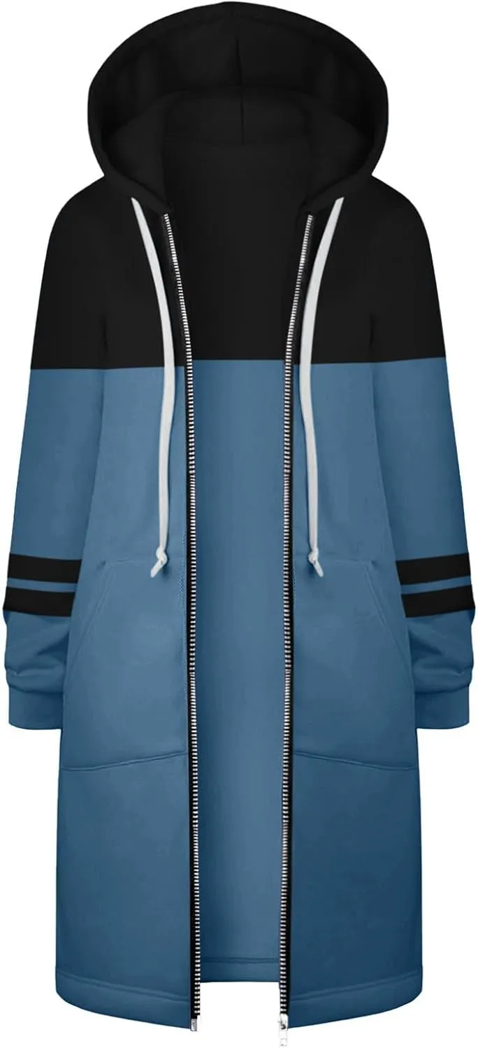 Muyise Women's Casual 2023 Zip Up Hoodies Long Tunic Sweatshirt Lightweight Winter Warm Drawstring Hooded Jacket with Pockets