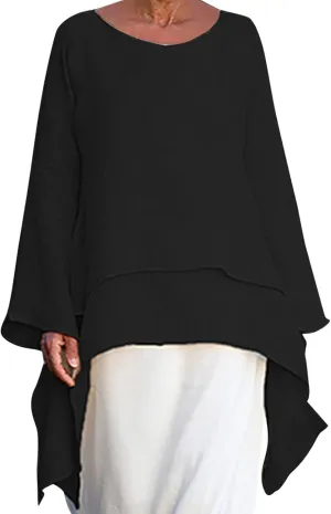 Mzkdieey Oversized Cotton Linen Shirts for Women High Low Hem Asymmetrical Tops Summer Casual Crewneck Long Sleeve Blouse