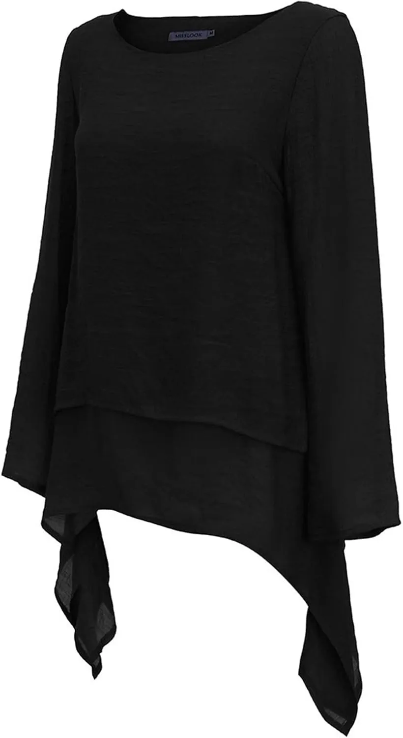 Mzkdieey Oversized Cotton Linen Shirts for Women High Low Hem Asymmetrical Tops Summer Casual Crewneck Long Sleeve Blouse