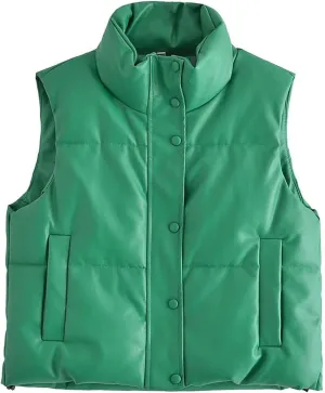 NATHGAM Women's Cropped Vest Jacket Long Sleeve Button Puffer Jacket Winter Quilted Short Stand Collar Down Coat with Pockets