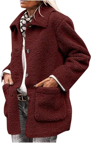 NBXNZWF Women's Winter Coats Long Sleeve Lapel Button Down Fleece Jacket Casual Trendy Fuzzy Warm Outerwear with Pockets