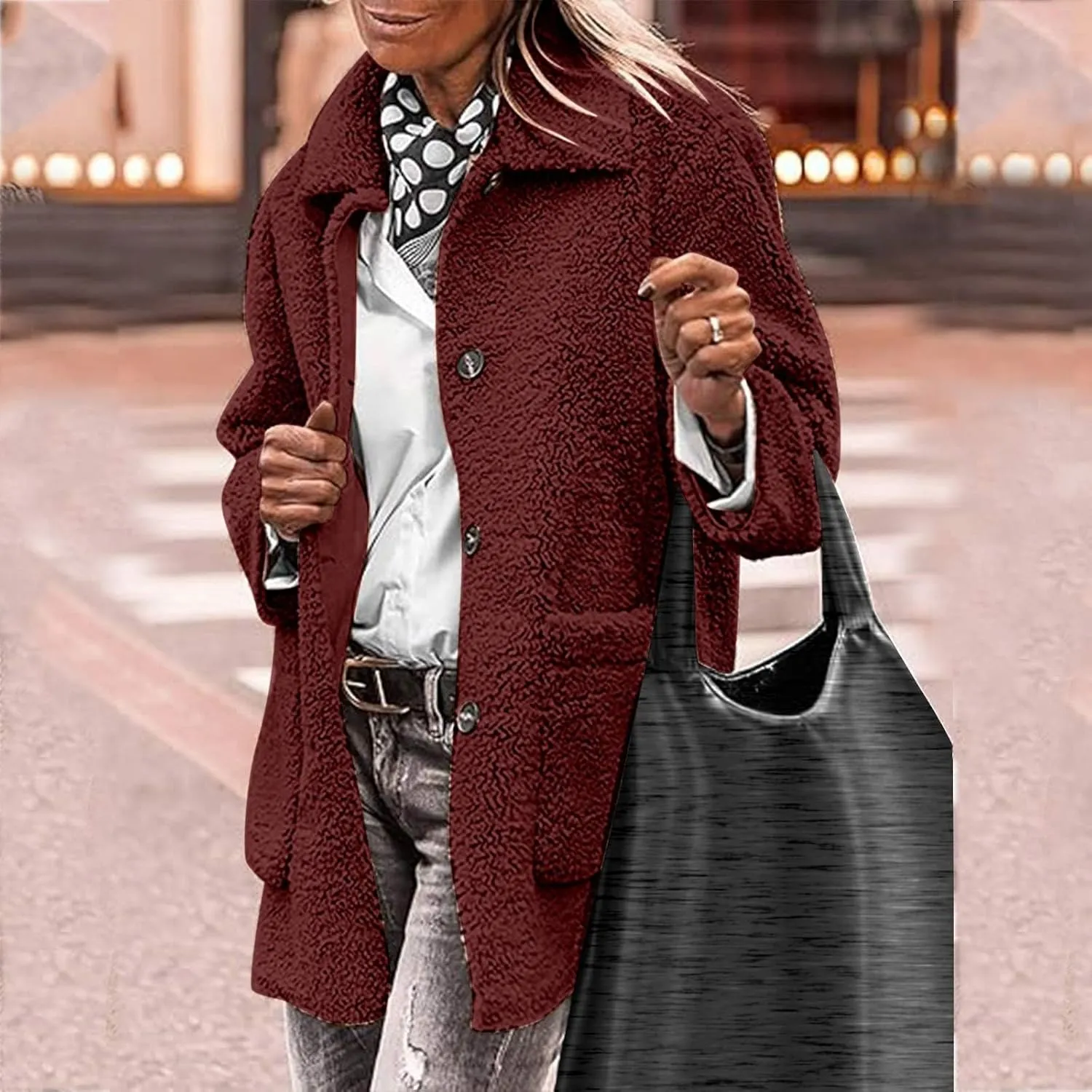 NBXNZWF Women's Winter Coats Long Sleeve Lapel Button Down Fleece Jacket Casual Trendy Fuzzy Warm Outerwear with Pockets