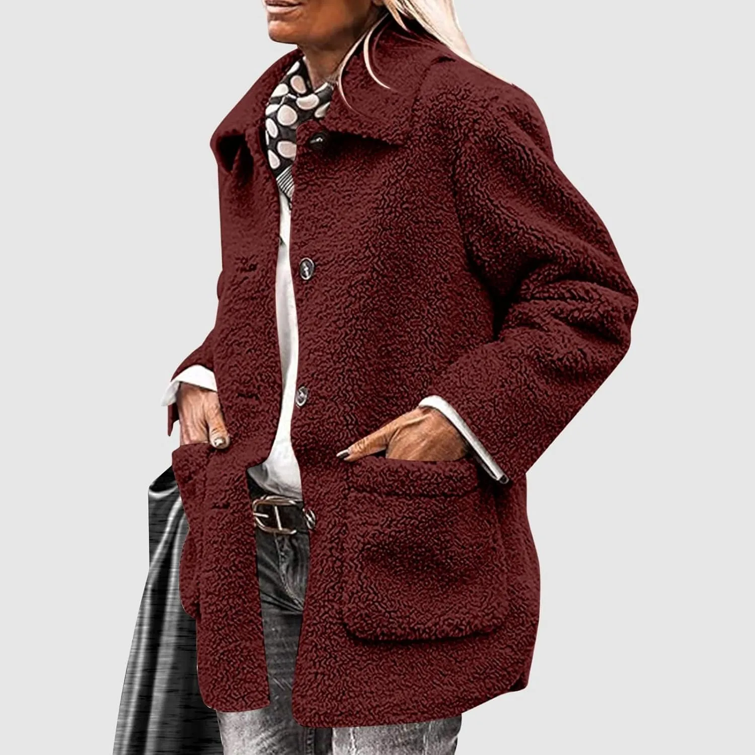 NBXNZWF Women's Winter Coats Long Sleeve Lapel Button Down Fleece Jacket Casual Trendy Fuzzy Warm Outerwear with Pockets