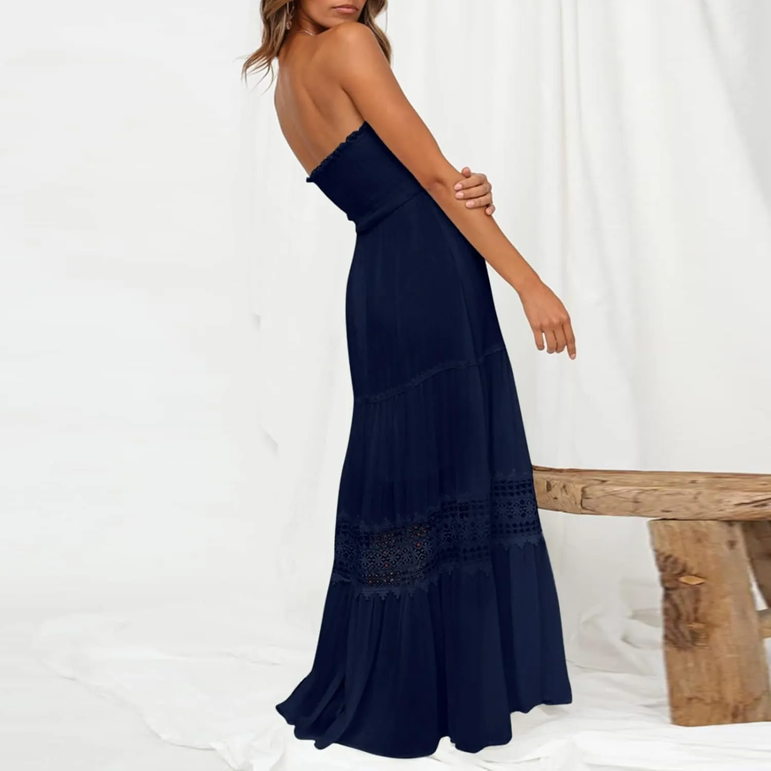 Off Shoulder Boho Dresses for Women 2025 Summer Strapless Smocked Dress Bohemian Backless Flowy Beach Maxi Dress