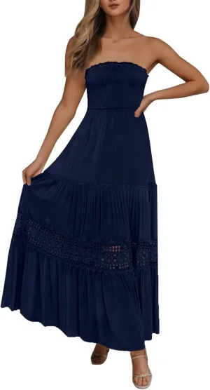 Off Shoulder Boho Dresses for Women 2025 Summer Strapless Smocked Dress Bohemian Backless Flowy Beach Maxi Dress
