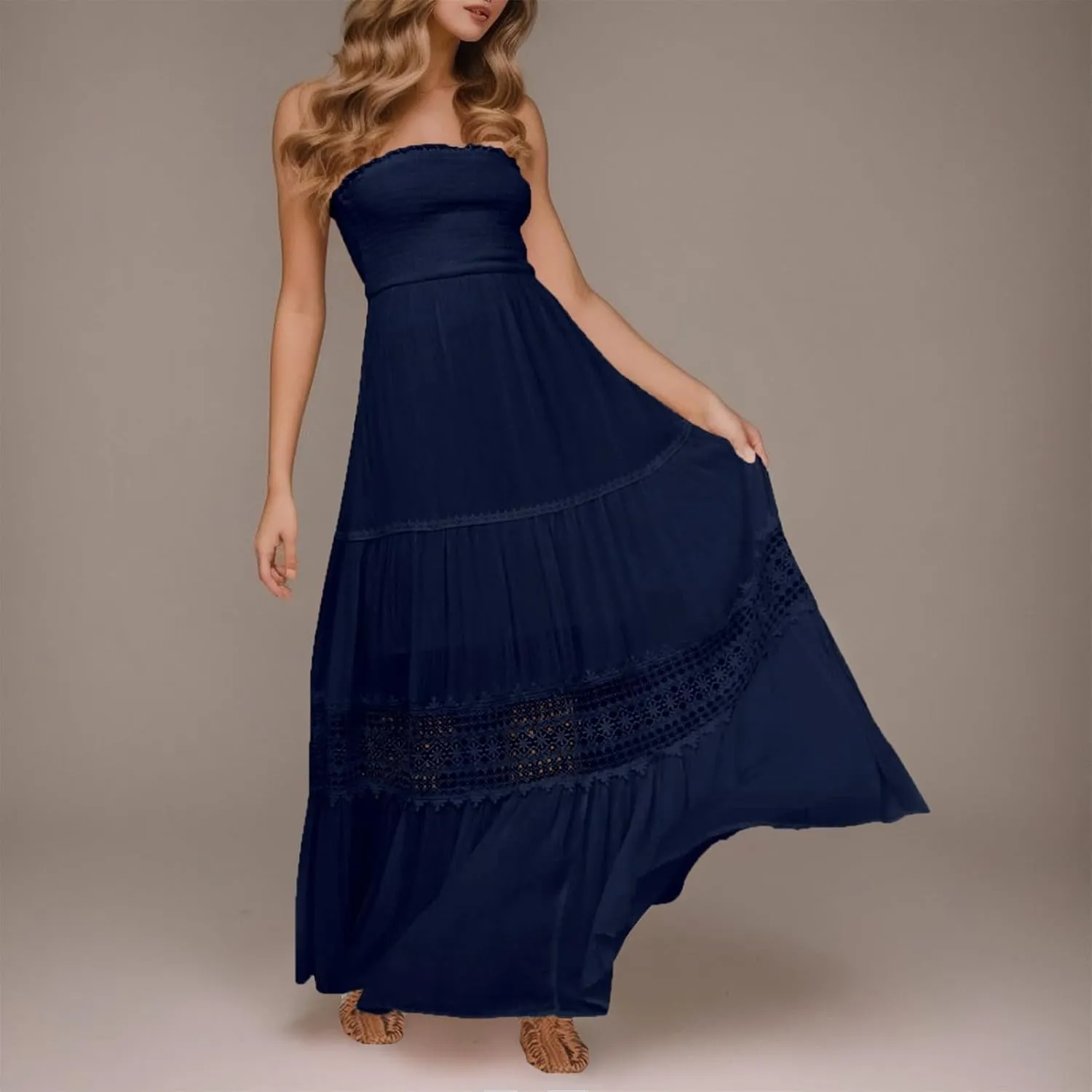 Off Shoulder Boho Dresses for Women 2025 Summer Strapless Smocked Dress Bohemian Backless Flowy Beach Maxi Dress