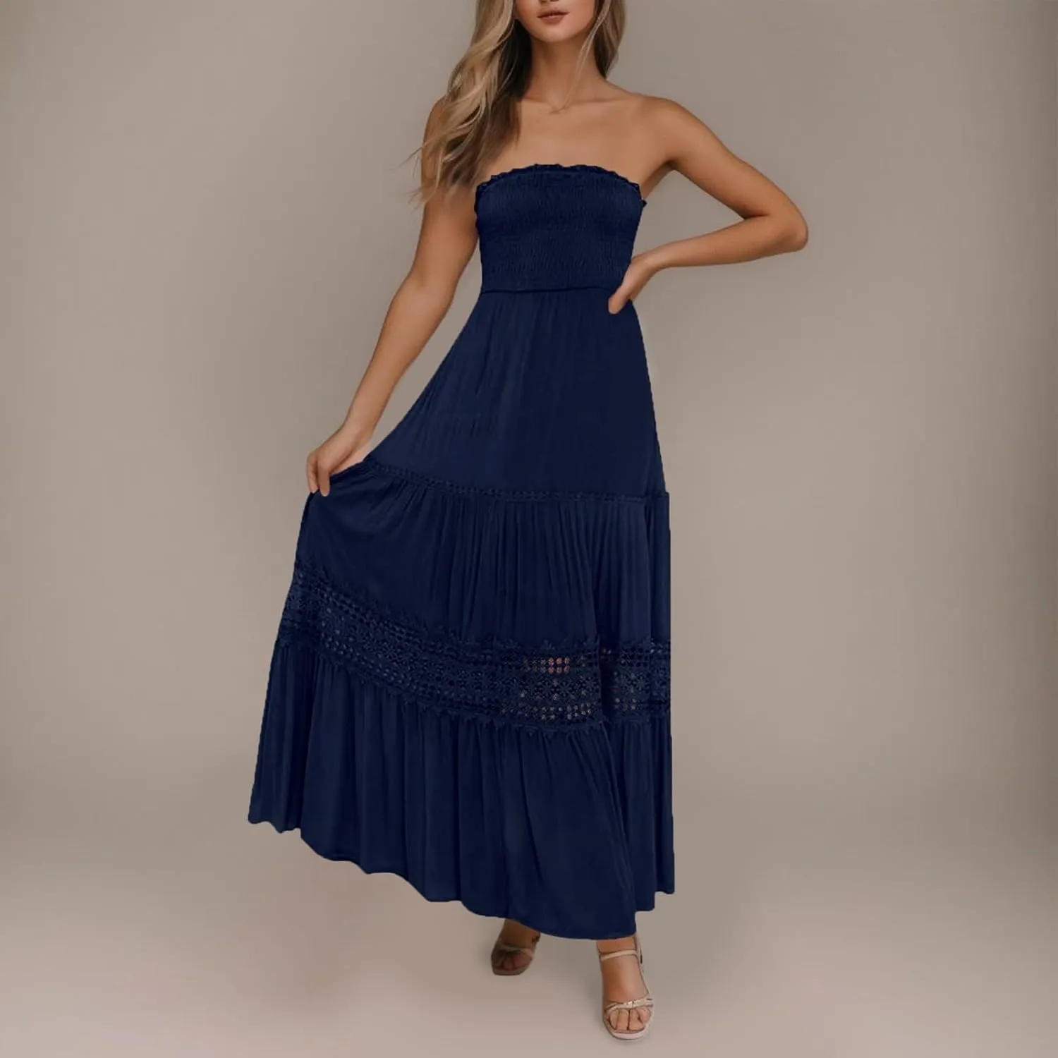 Off Shoulder Boho Dresses for Women 2025 Summer Strapless Smocked Dress Bohemian Backless Flowy Beach Maxi Dress