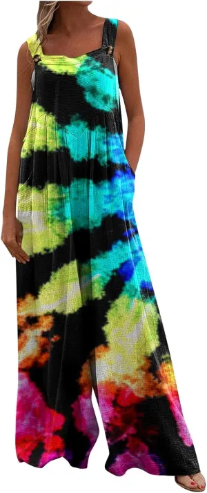 One Piece Jumpsuits for Women 2024 Summer Wide Leg Floral Print Romper Trendy Travel Button Overalls with Pockets