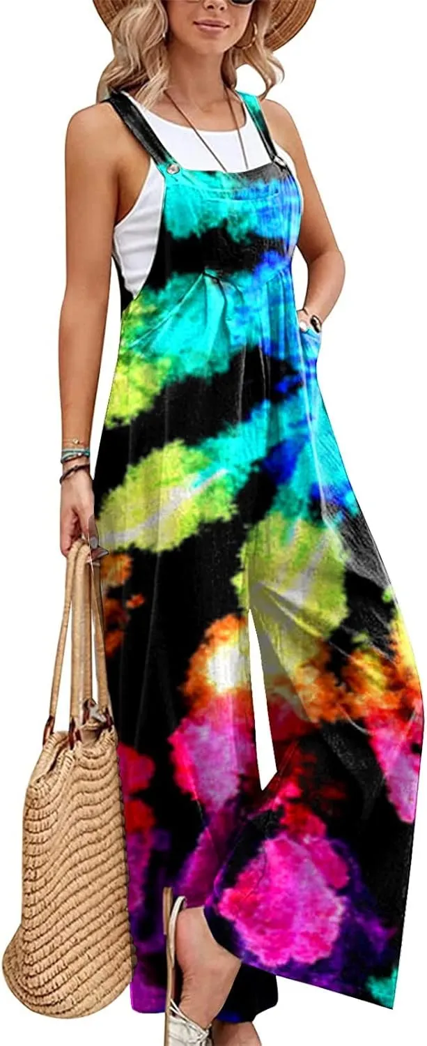 One Piece Jumpsuits for Women 2024 Summer Wide Leg Floral Print Romper Trendy Travel Button Overalls with Pockets