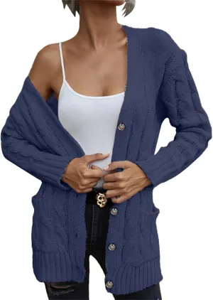 Open Front Cardigan Sweaters for Women Fall Long Sleeve Button Down Cable Knit Chunky Sweater Outwear Coats
