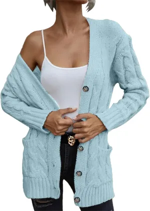 Open Front Cardigan Sweaters for Women Fall Long Sleeve Button Down Cable Knit Chunky Sweater Outwear Coats