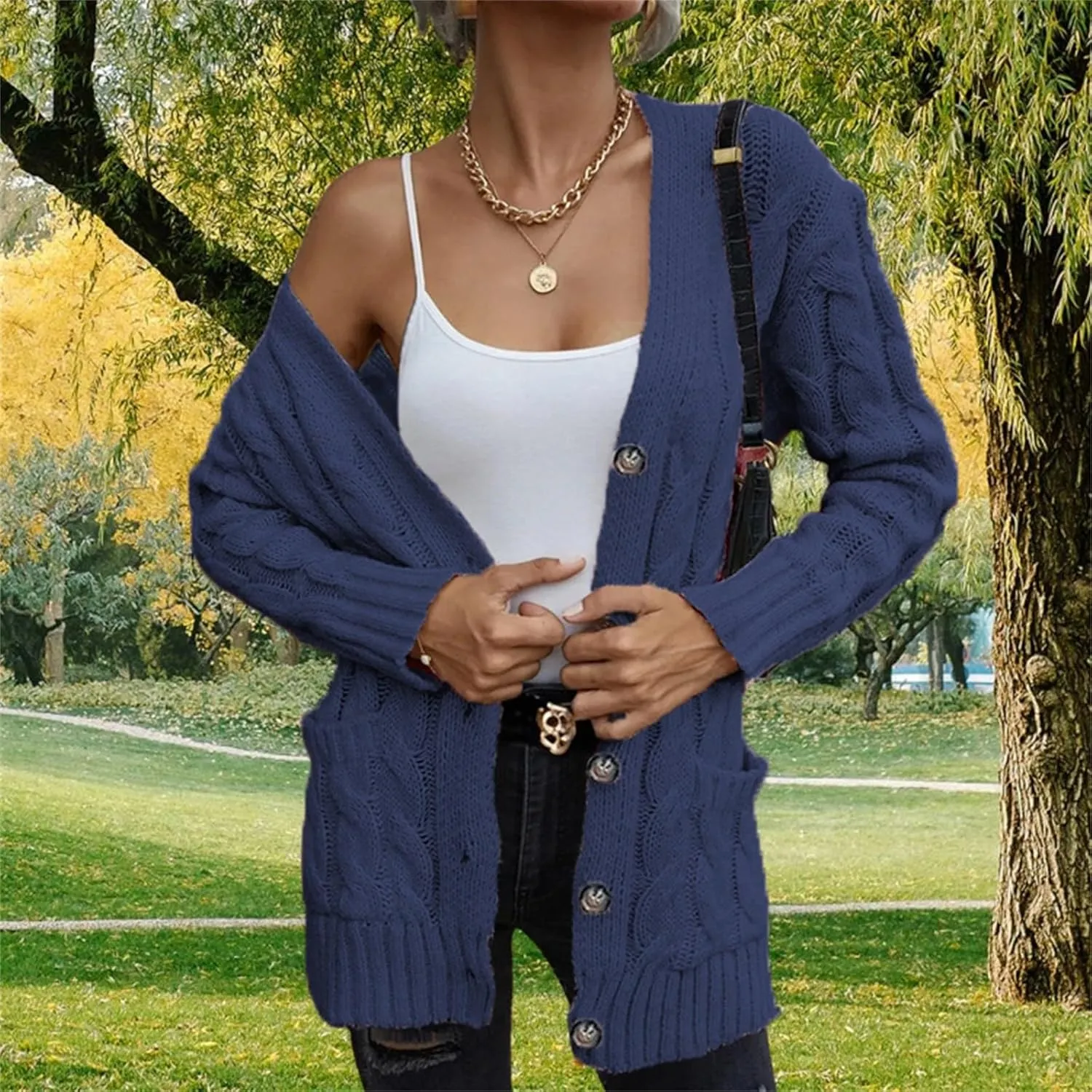 Open Front Cardigan Sweaters for Women Fall Long Sleeve Button Down Cable Knit Chunky Sweater Outwear Coats