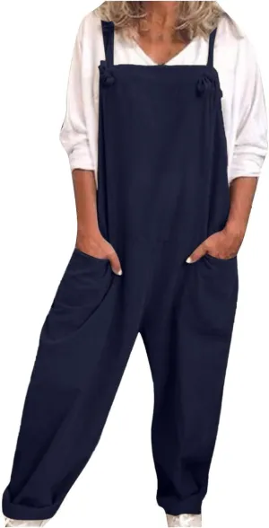 Overalls for Women Linen Plus Size Casual Sleeveless Jumpsuits Loose Fit Adjustable Straps Rompers Bib Overall