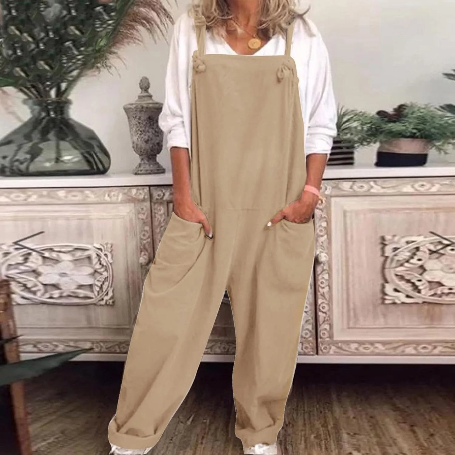 Overalls for Women Loose Fit Linen Plus Size Casual Sleeveless Jumpsuits Adjustable Straps Oversized Rompers Bib Overal