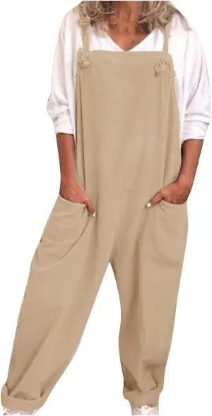 Overalls for Women Loose Fit Linen Plus Size Casual Sleeveless Jumpsuits Adjustable Straps Oversized Rompers Bib Overal