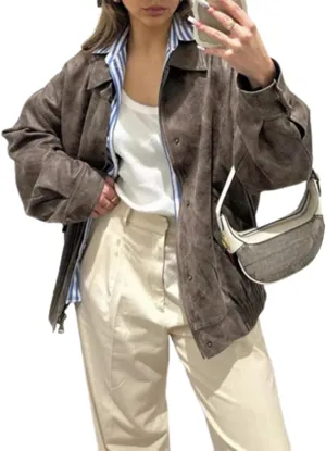 Oversized Leather Jackets Women PU Varsity Bomber Jackets Motorcycle Biker Vintage Racing Jackets Y2k Streetwear