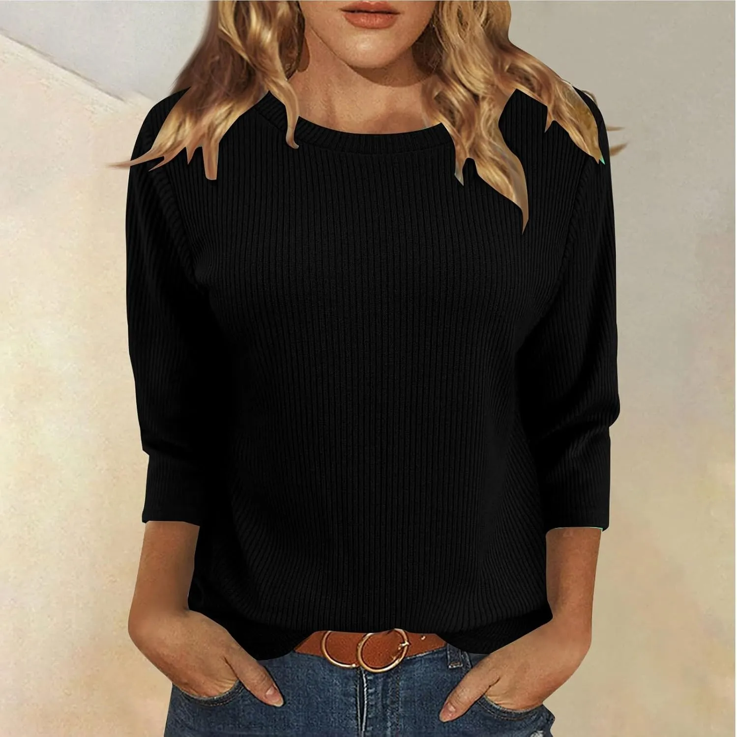 Oversized Sweaters for Women 3/4 Length Sleeve Tops Crewneck Blouses Dressy Casual Knit Tops