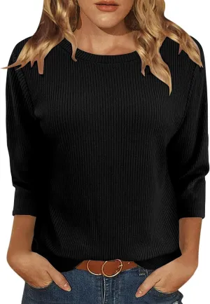 Oversized Sweaters for Women 3/4 Length Sleeve Tops Crewneck Blouses Dressy Casual Knit Tops