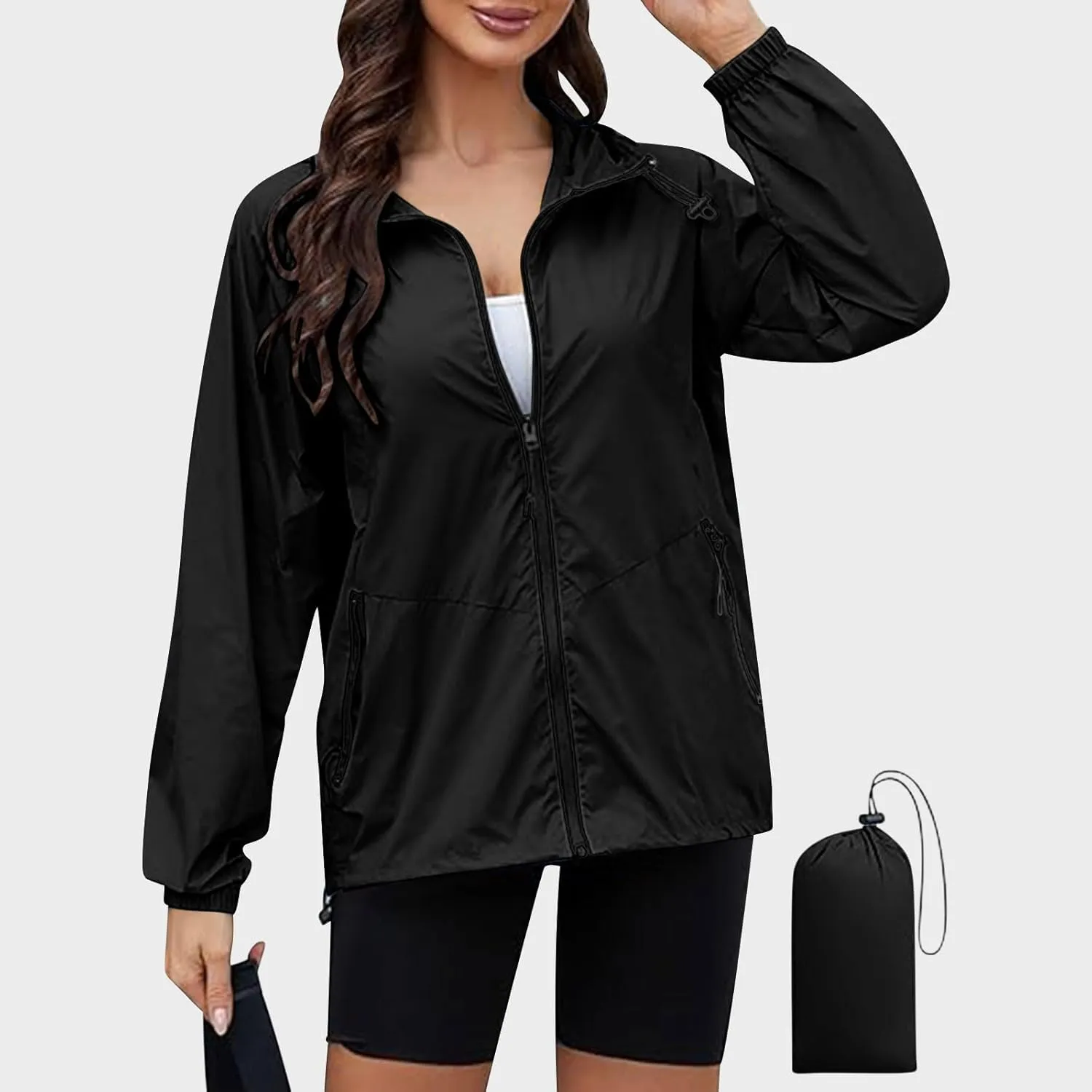 Packable Rain Jacket Women Lightweight Waterproof Raincoat with Hood Cycling Bike Jacket Windbreaker Versatile Coat
