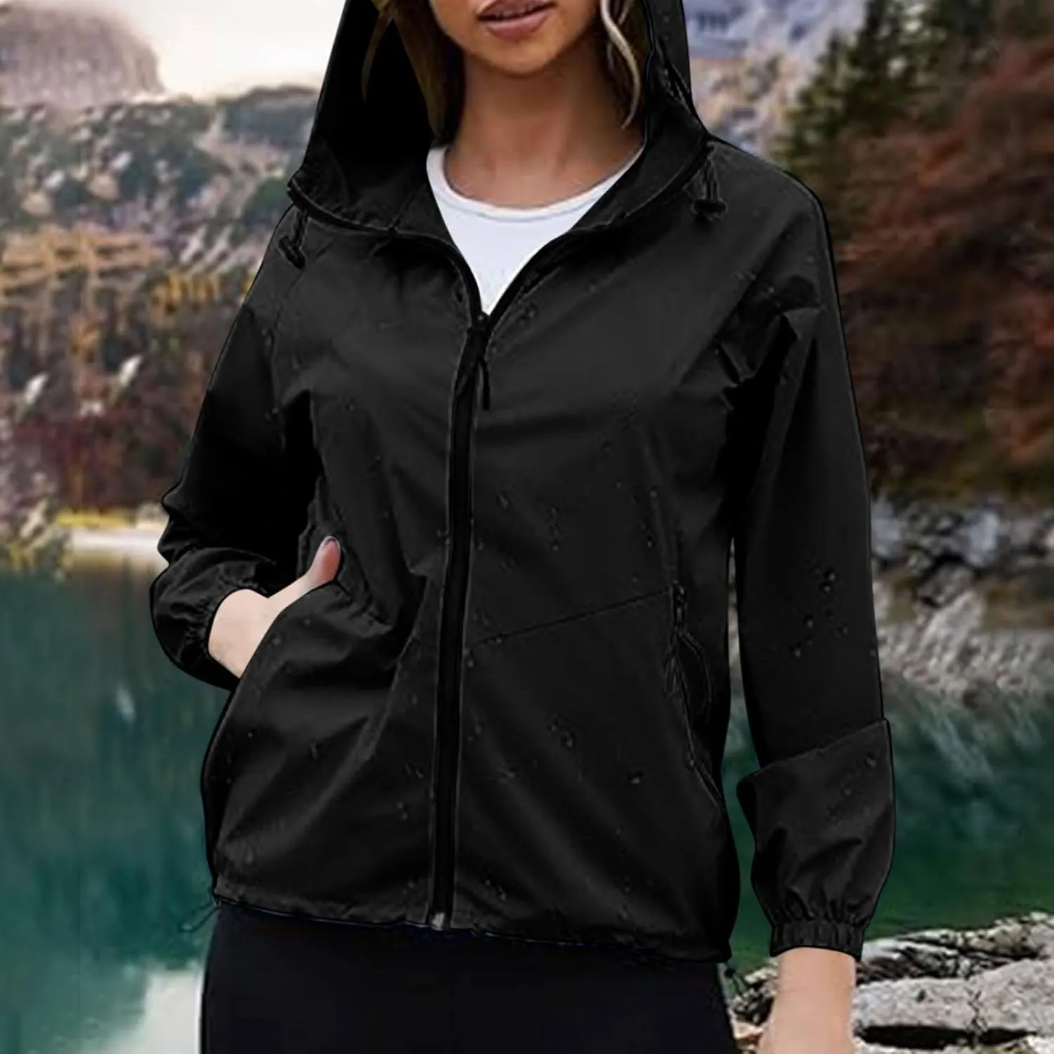Packable Rain Jacket Women Lightweight Waterproof Raincoat with Hood Cycling Bike Jacket Windbreaker Versatile Coat