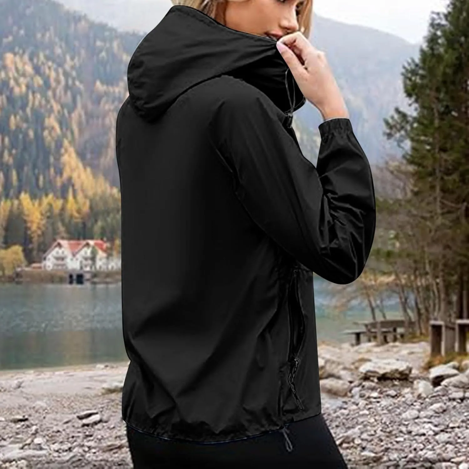 Packable Rain Jacket Women Lightweight Waterproof Raincoat with Hood Cycling Bike Jacket Windbreaker Versatile Coat