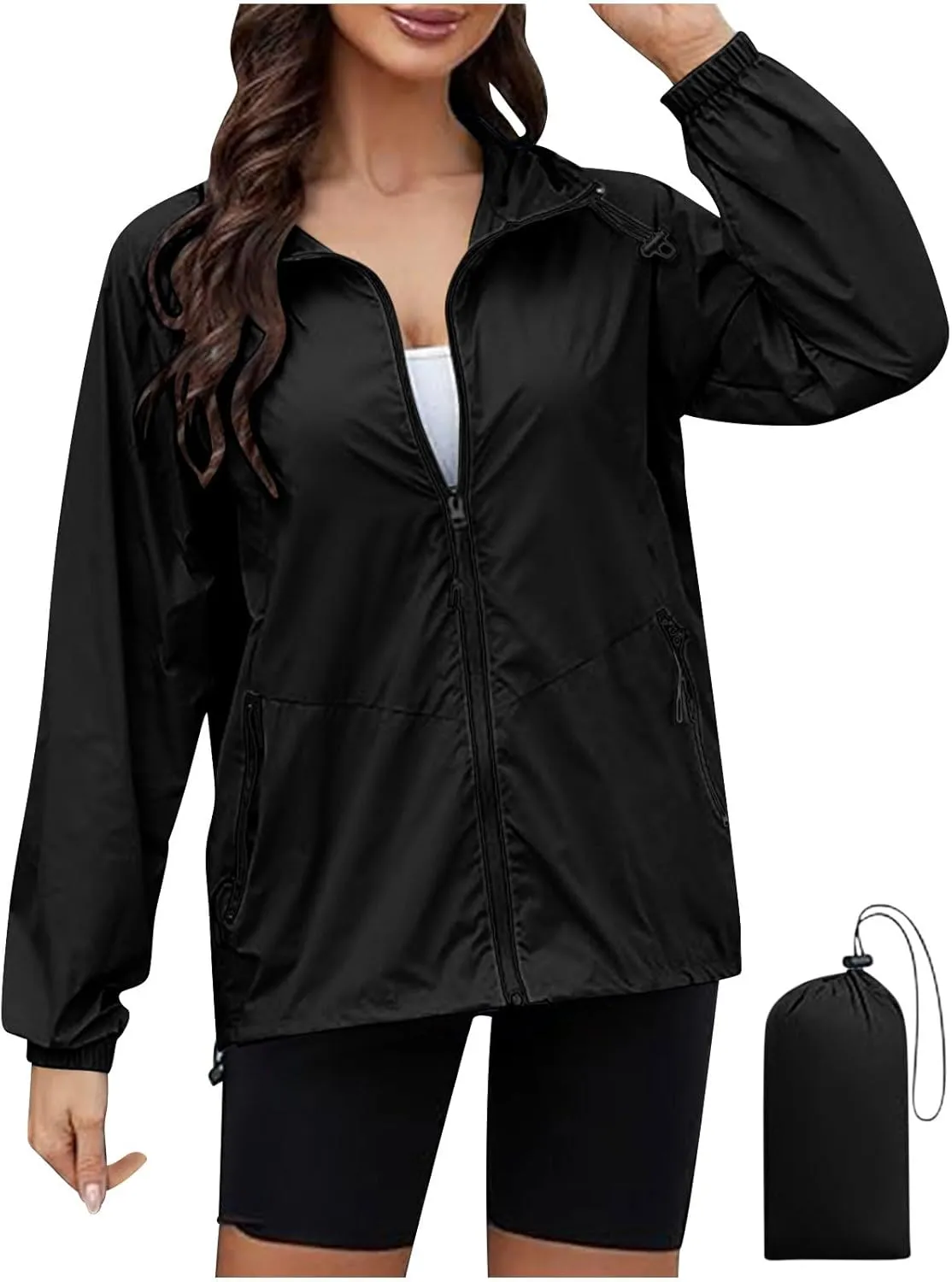 Packable Rain Jacket Women Lightweight Waterproof Raincoat with Hood Cycling Bike Jacket Windbreaker Versatile Coat
