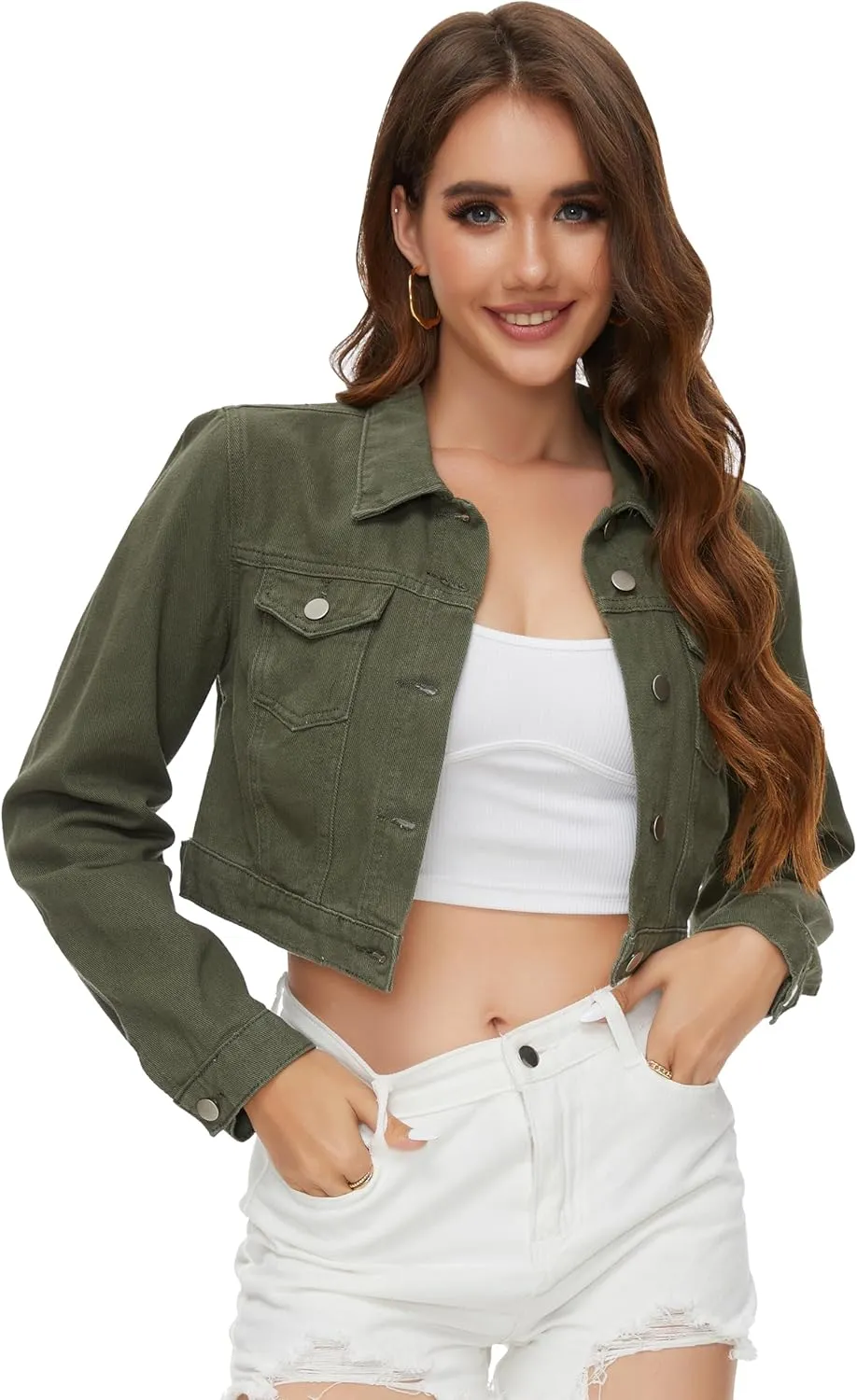 PEIQI Women’s Cropped Jean Denim Jacket Button Down Long Sleeve with Pockets