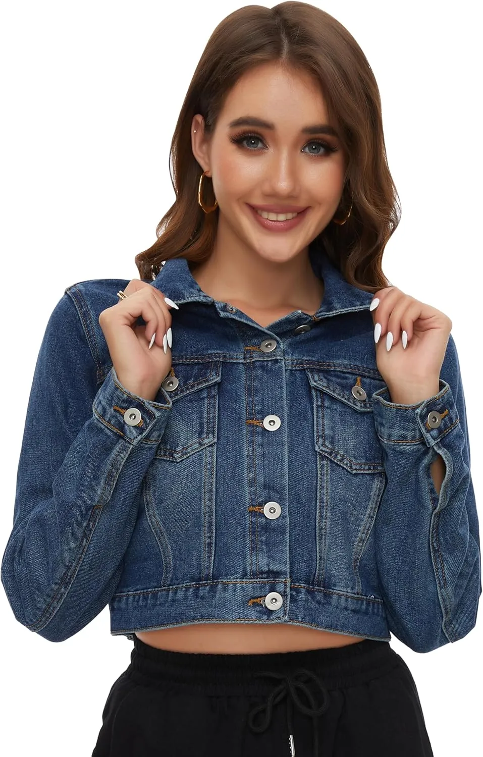 PEIQI Women’s Cropped Jean Denim Jacket Button Down Long Sleeve with Pockets