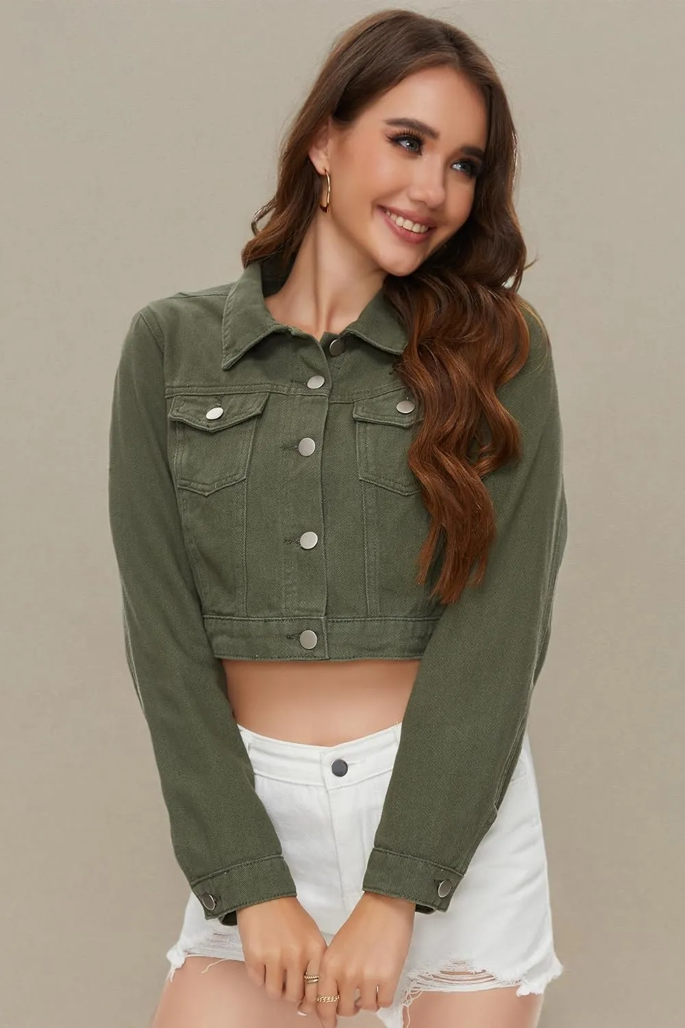 PEIQI Women’s Cropped Jean Denim Jacket Button Down Long Sleeve with Pockets