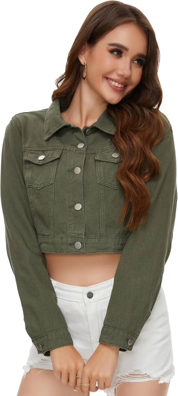 PEIQI Women’s Cropped Jean Denim Jacket Button Down Long Sleeve with Pockets