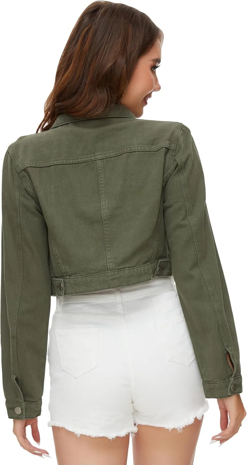 PEIQI Women’s Cropped Jean Denim Jacket Button Down Long Sleeve with Pockets