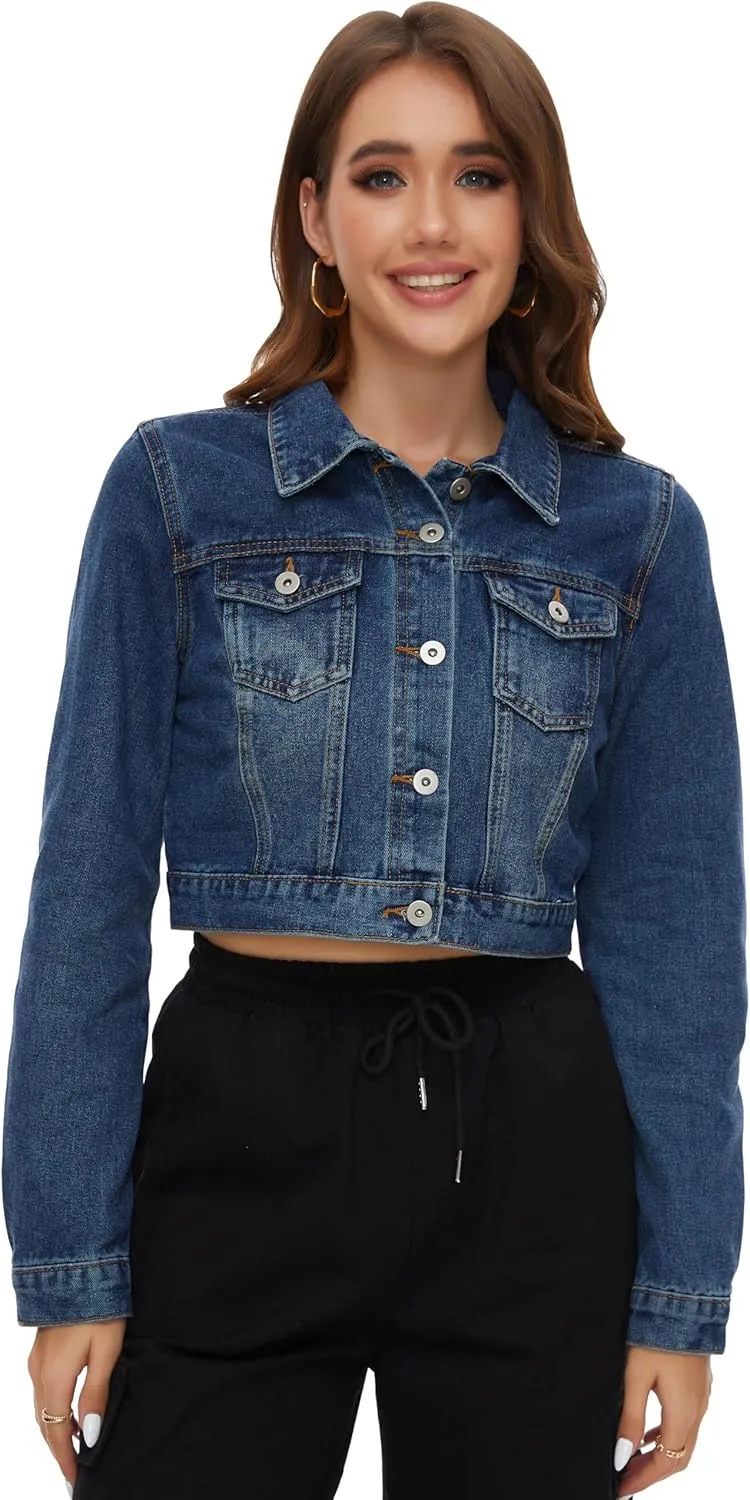 PEIQI Women’s Cropped Jean Denim Jacket Button Down Long Sleeve with Pockets