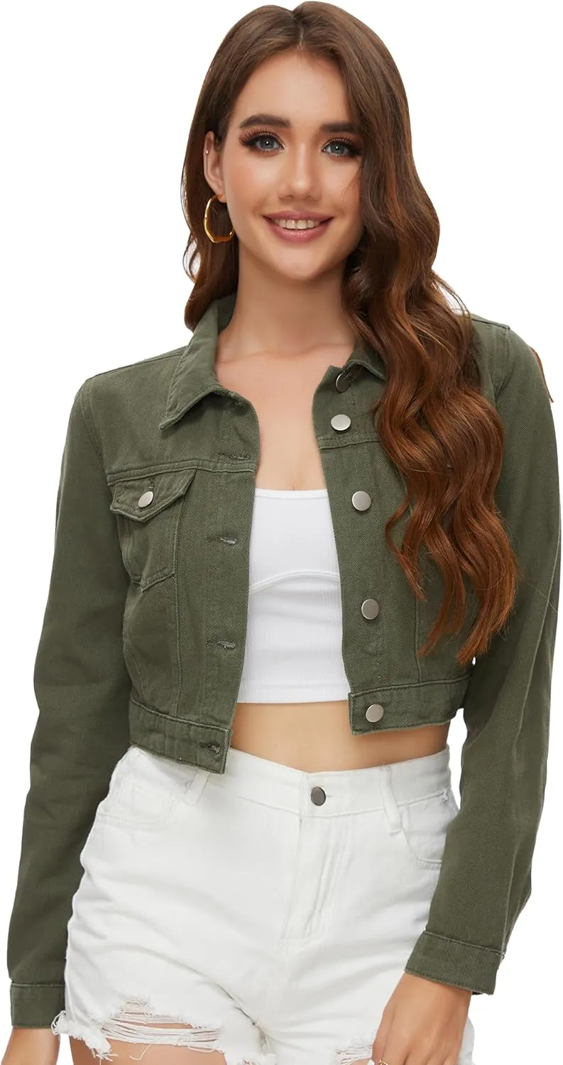 PEIQI Women’s Cropped Jean Denim Jacket Button Down Long Sleeve with Pockets