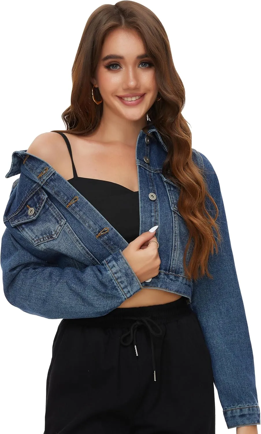 PEIQI Women’s Cropped Jean Denim Jacket Button Down Long Sleeve with Pockets