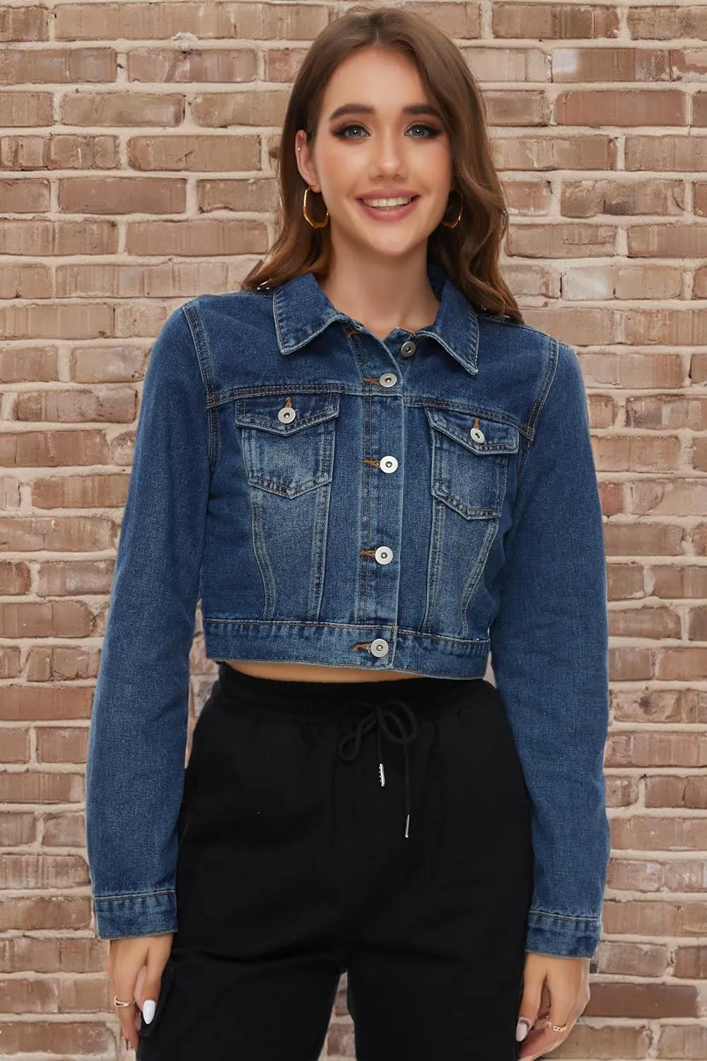 PEIQI Women’s Cropped Jean Denim Jacket Button Down Long Sleeve with Pockets