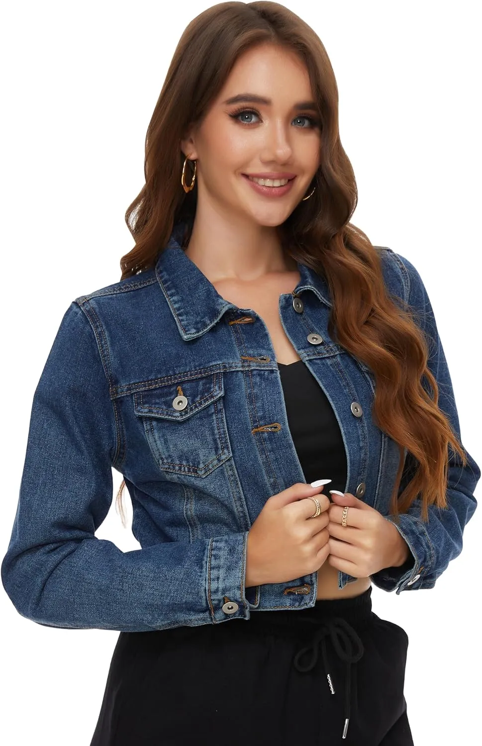 PEIQI Women’s Cropped Jean Denim Jacket Button Down Long Sleeve with Pockets