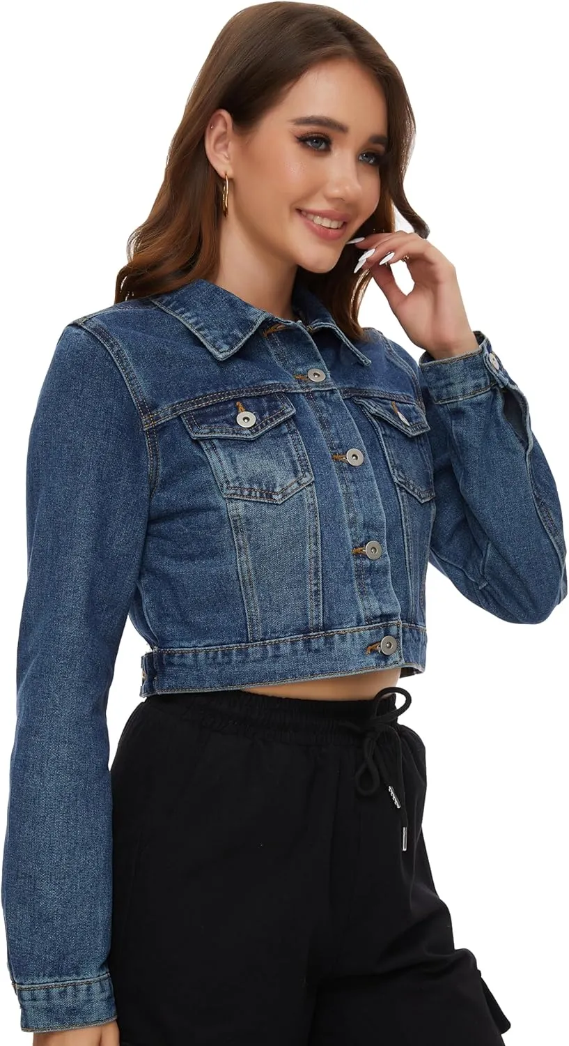 PEIQI Women’s Cropped Jean Denim Jacket Button Down Long Sleeve with Pockets