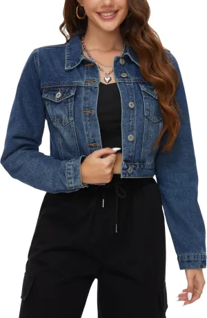 PEIQI Women’s Cropped Jean Denim Jacket Button Down Long Sleeve with Pockets