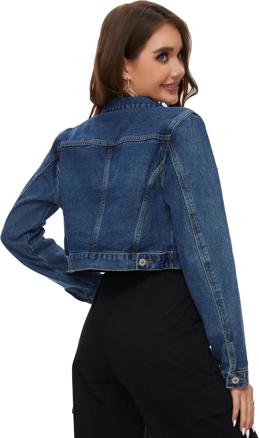 PEIQI Women’s Cropped Jean Denim Jacket Button Down Long Sleeve with Pockets